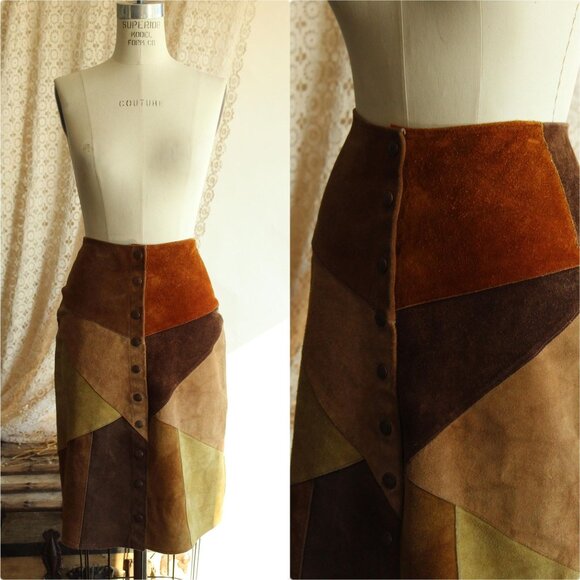 Vintage 1970s Suede Skirt, Patchwork A Line in Shades of Brown, Snap Front - Picture 1 of 10